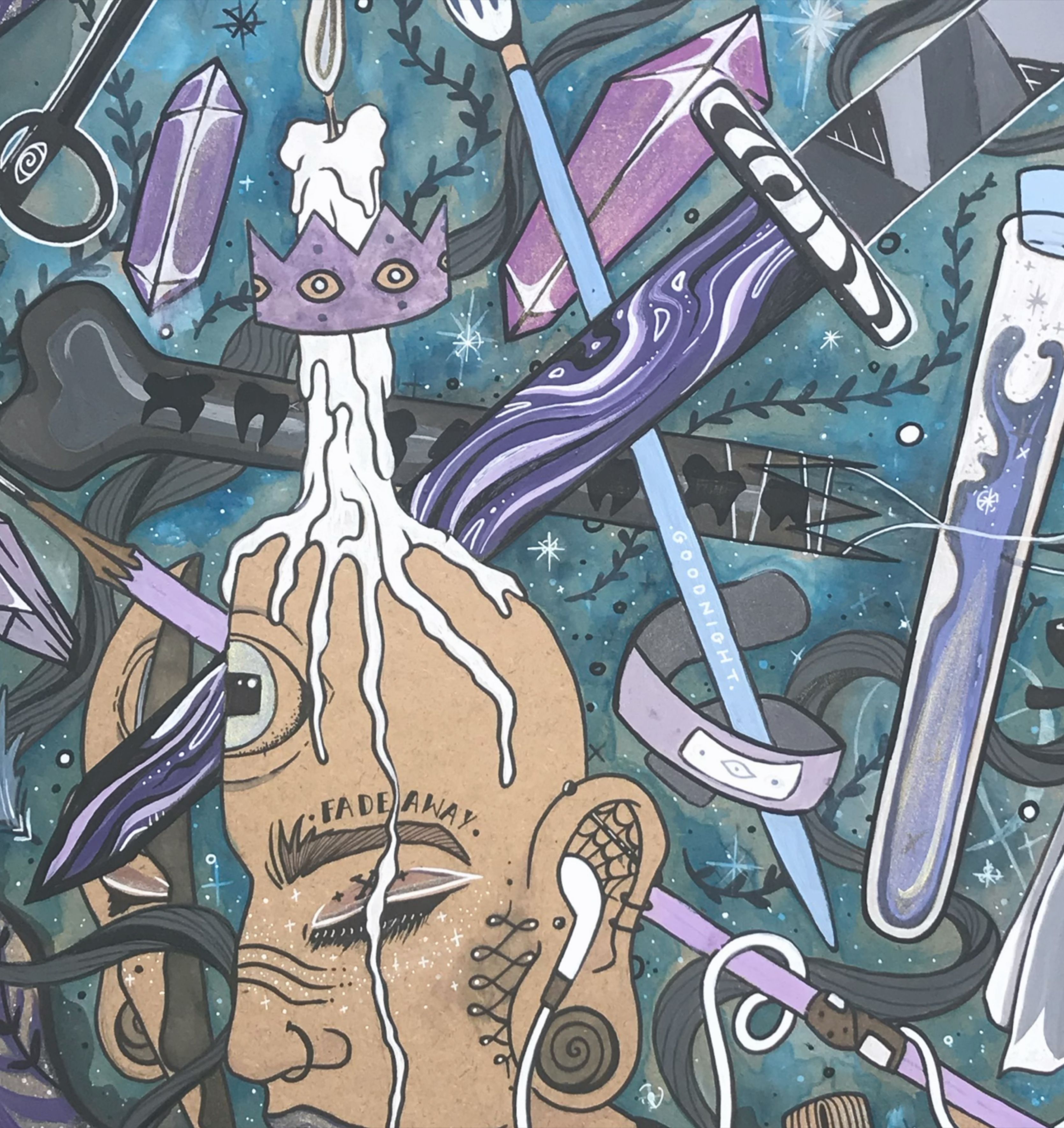 A chaotic beautiful piece of art in blues andpurples, there's a lot going on